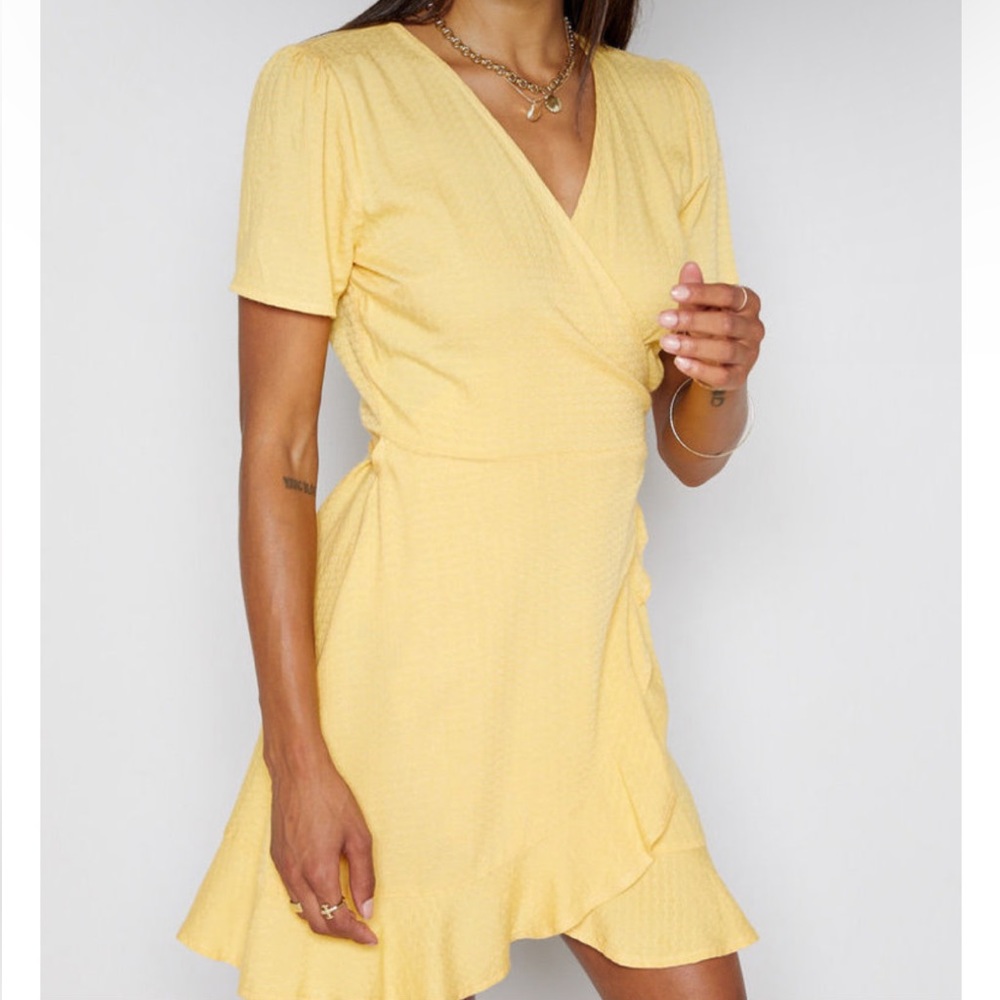 Sadie & Sage yellow wrap mini dress